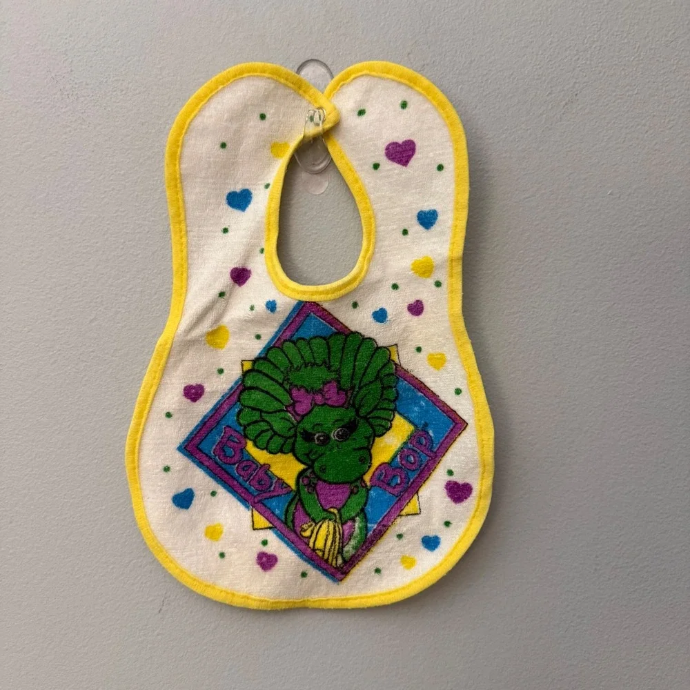 Vintage 90s Baby Bop Barney Terry Cloth Baby Bib Vinyl Backed